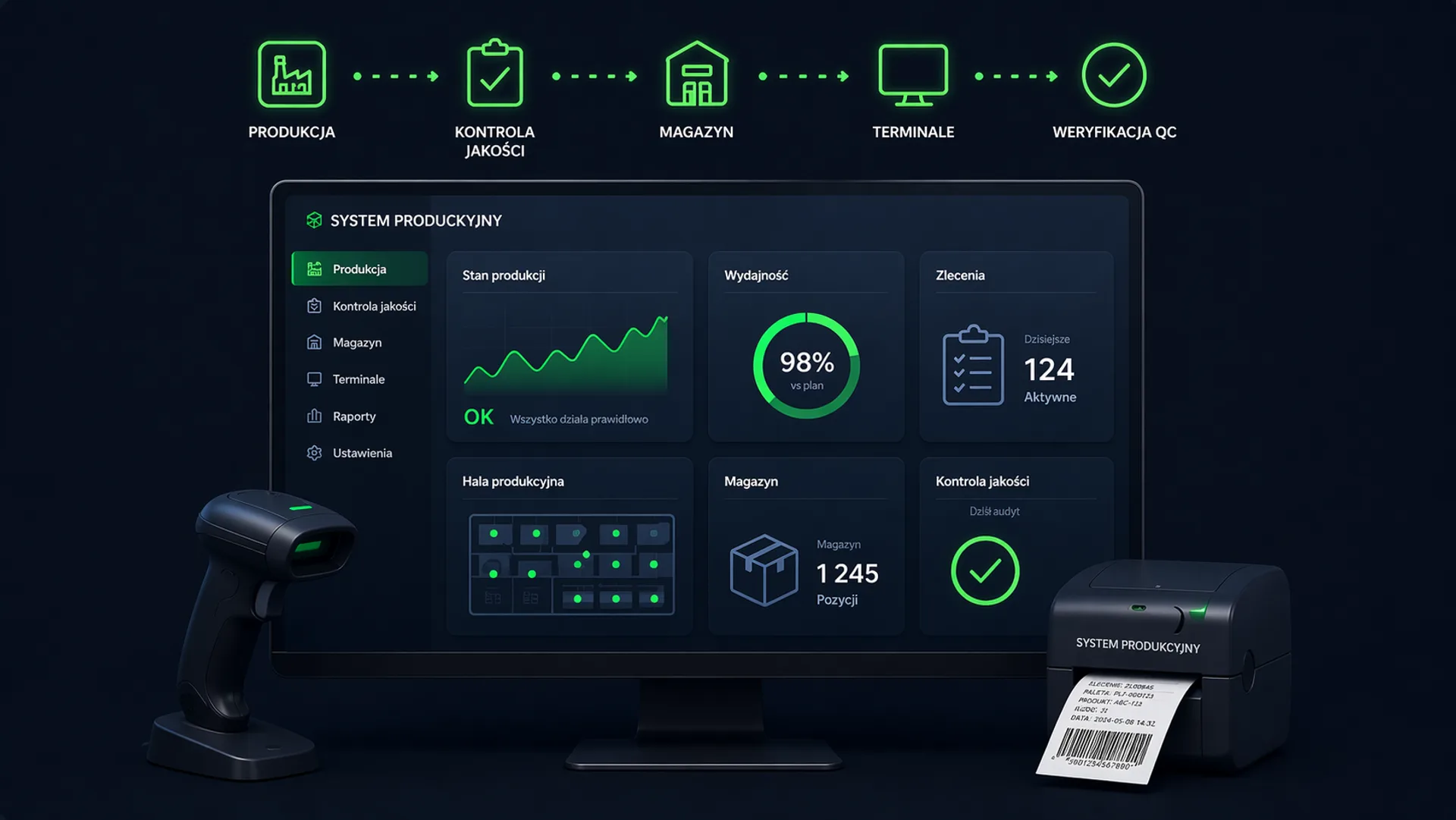 Dashboard zarządczy i terminal operatora pokazujące przepływ informacji w czasie rzeczywistym