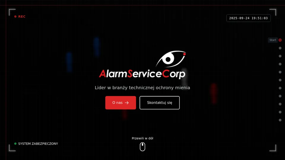 Widok strony Alarm Service Corp prezentującej ofertę zabezpieczeń