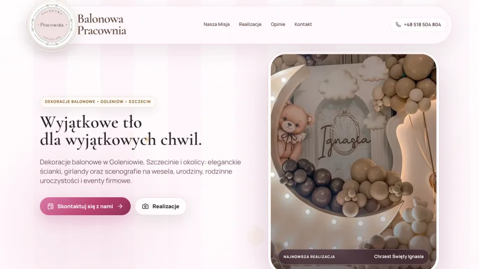 Widok strony Balonowa Pracownia z elegancką dekoracją balonową