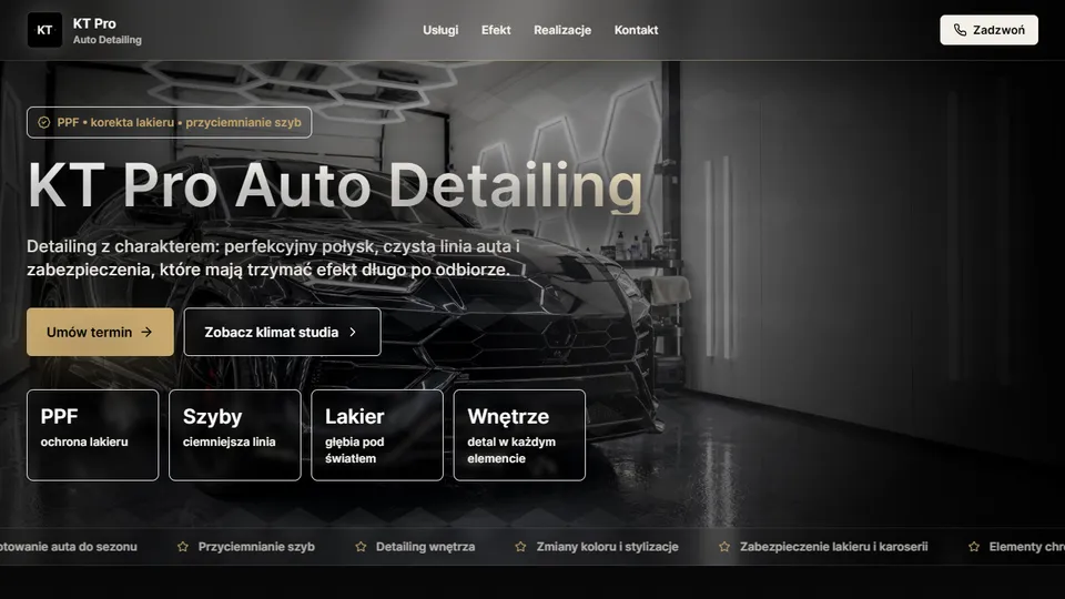 Widok sekcji hero strony KT Pro Auto Detailing