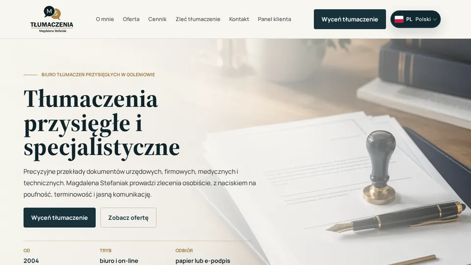 Widok strony M.S. Tłumaczenia z panelem klienta