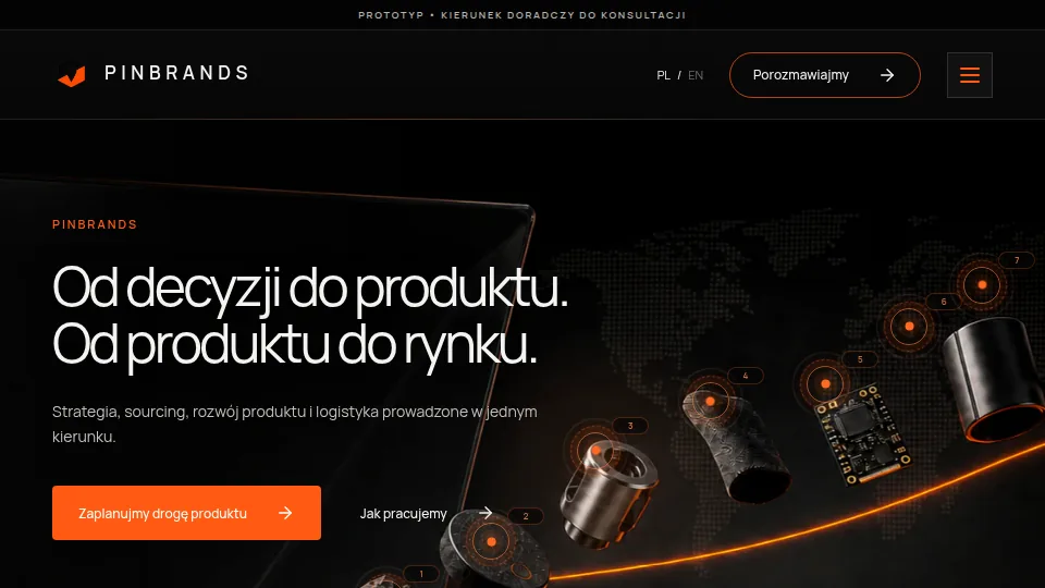 Widok prototypu strony PinBrands z opakowaniem i hasłem Marka, produkt, rynek
