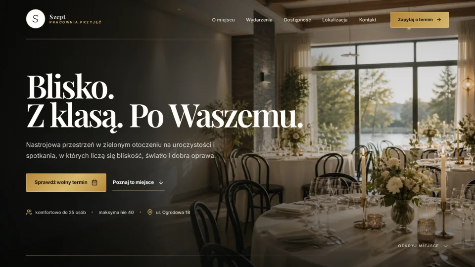 Widok strony Szept — pracownia przyjęć z elegancką salą i formularzem terminu