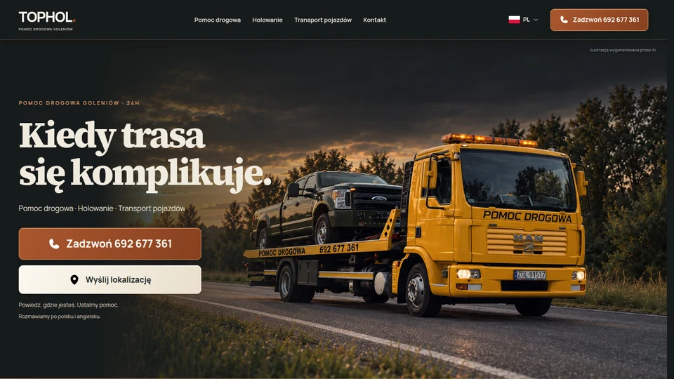 Widok strony TOPHOL — pomoc drogowa Goleniów