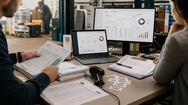 Zdjęcie procesu automatyzacji z dokumentami, skanerem i dashboardem raportowym na ekranach