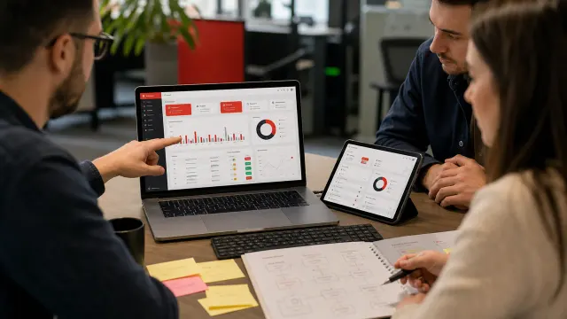 Zdjęcie zespołu pracującego przy aplikacji webowej z dashboardem na laptopie i tablecie