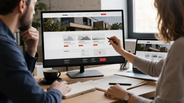 Zdjęcie zespołu omawiającego projekt strony internetowej na monitorze i laptopie